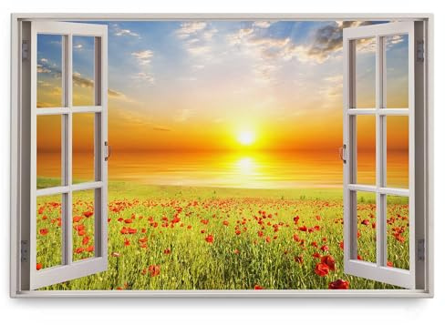 Paul Sinus Wandbild 120x80cm Fensterbild Sonnenuntergang Meer Abendrot Horizont Wildblumen