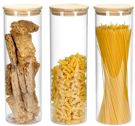 QWORK® 3 Pièces 2100ML Bocaux en Verre de Conservation, Bocaux Verre Rangement Cuisine avec Couvercle pour Farine, Riz, Céréales, Spaghetti