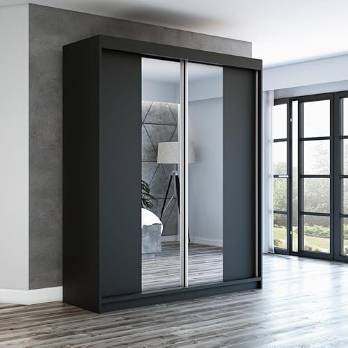 A&J MöbelLand Schwebetürenschrank ELEGANZA Kleiderschrank 2-türig mit Schubladen und Spiegel, Garderobe 180 cm (Schwarz)