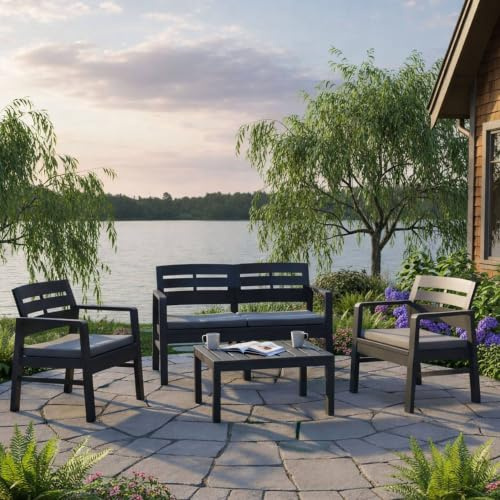 Dmora - Outdoor-Lounge-Set Massa, Gartenkomposition mit 2 Sesseln, 1 Sofa und 1 Couchtisch, Lounge für drinnen und draußen mit Kissen, 100% Made in Italy, Anthrazit