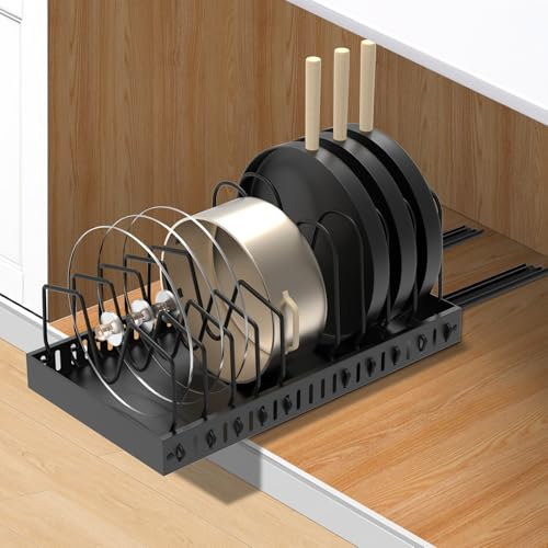 FLSEPAMB Topfdeckelhalter, Ausziehbarer Deckelhalter Schublade mit 10 Verstellbaren Fächern, Topfdeckel Organizer aus Metall für Küchenutensilien, Pfannen, Töpfe, Deckel (Schwarz)