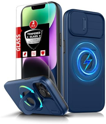 FRLMOOES for iPhone 13 Case Magnetic Compatible with MagSafe Wireless Charging,with 2 Screen Protectors,Built-in Kickstand Ring,with Camera Cover Shock-Absorbent Shockproof Heavy Duty Protection Blue