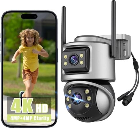 WiFi Telecamera Esterno 4K 8MP,Doppia Lente WLAN PTZ Videocamera Sorveglianza,360°,IP66,Audio Bidirezionale,Rilevamento Umano,Visione Notturna a Colori,Tracciamento Movimento con Sirena,2.4Ghz,Alexa