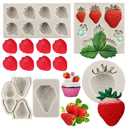 MYRACS3D Erdbeer Silikonformen Erdbeerblumen Fondantformen Erdbeerform Zum Dekorieren Von Kuchen Schokolade Süßigkeiten Cupcake Topper Dekorieren Von Polymer Ton 4er Set