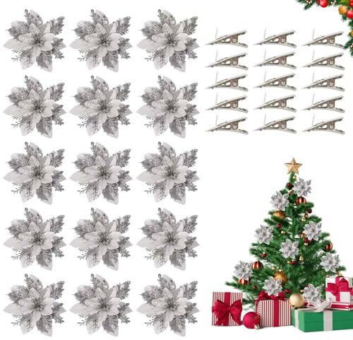 Poinsettia de Brillo Navideño, FainFun 15 Piezas 14 * 14CM Adornos de Flores para Arbol Navidad, Flor de Nochebuena Dorado Plateado Rojo, Flor Navideña para Decoraciones (Plata)