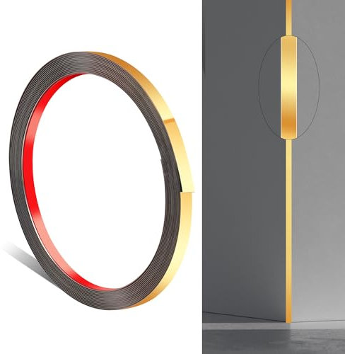 JUNART 600cm×1cm Moulure Murale en Acier Inoxydable, à Décoller et à Coller, Garniture Métallique Autocollante Flexible Pour Cheminées, Cadres de Miroir, Murs, Plafonds, Sols, Carrelages (Or)