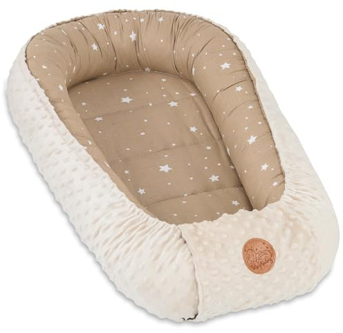 Nestchen Baby - Babynestchen Neugeborene Minky Babynest für Kinderbett Vielseitiges tragbar Nest kuschelnest zubehör für babybett warm Winter coccon Beige mit Weiß Sternen
