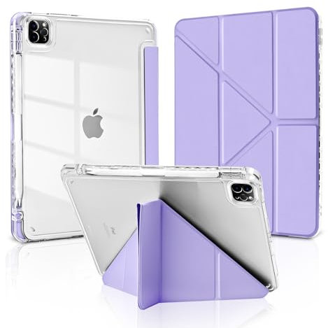 MuyDoux Custodia Origami per iPad Pro 11 Pollici 2022/2021/2020/2018 (4ª/3ª/2ª/1ª Generazione) con Portapenna, Angoli di Visione Multipli 5 in 1, Cover Retro Trasparente Chiaro Antiurto, Viola Chiaro