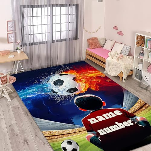 CHEFFS Fußball Teppich Wohnzimmer 160x230cm Schlafzimmer kinderteppich Fußball kinderzimmer Kurzflor Junge, personalisierte Teppich Kinder Fußballplatz Spielteppich (1,120 x 180 cm(BxH))