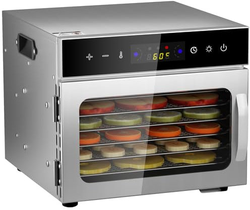 Dörrautomat Edelstahl mit 6 Edelstahlgitter, 650W Obsttrockner Dörrapparat mit 24 Std. Zeitschaltuhr, LED-Display, 30°-90°C Temperatureinstellung für Gemüse, Fleisch, Obst