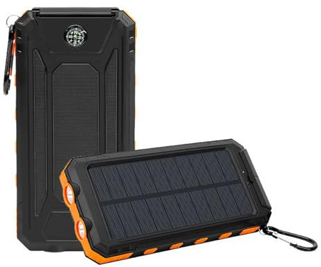 GTFYUDGH 15.8x7.8x2.5cm Cargador Solar Portátil, Power Bank Solar 20000mAh, Cargador Portátil para Teléfonos, Equipado con Dos Puertos USB, Linterna Potente Incorporada Resistente Al Agua con Brújula