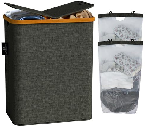 AdelDream 140L Wäschekorb mit Deckel 2 Fächer Wäschekorb Wäschesack schmal Wäschesortierer Wäschebox Wäschetonne Wäschesammler mit Deckel Wäschetruhe Wäschekörbe (Dunkelgrau)