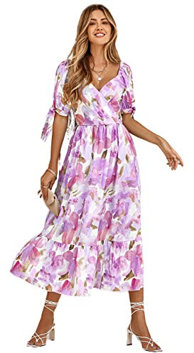 HEYPORK Damen Frühling Sommer Rock Bequem Lässig Kleider Mode Elegant Röcke Frauen Gedruckt Taille Versammlung Puffärmel V-Ausschnitt Kleid Lang(B Lila, XL)