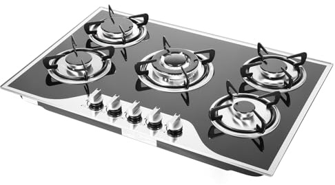 7500W Glas Gaskochfeld 5-flammig, Einbaukochfeld mit Wok-Brenner Gas Einbau Autark Gaskochfeld, LPG/Erdgas, Effizient und Energiesparend