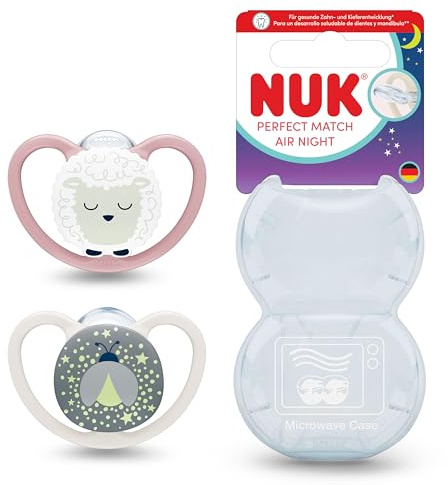 NUK Perfect Match Air Night Baby-Schnuller | 0-6 Monate | Leuchtende Schnuller, die Luftzirkulation fördern & Speichelrash verhindern | 95% Baby-Akzeptanz** | Schaf | 2 Stück