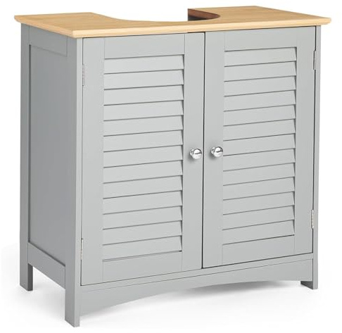 Thrink Under Sink Storage Cabinet – Freestanding Bathroom Cupboard with Shutter Doors & 2 Adjustable Shelves – Compact Space-Saving Under Basin Unit for Storing Toiletries, Towels & Essentials (Grey)