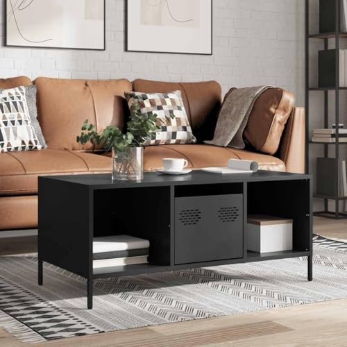 Hoopleep Black Cold-Rolled Steel Coffee Table for Living Room, 101.5x50x43.5 cm, Industrial Style Center Table with Storage & Adjustable Legs, Modern Design