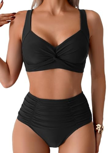 Sangdut Damen Badeanzüge Bikini Set, Sexy Bauchweg Lace Up Badeanzug Zweiteiliger Bauchweg Bademode Swimsuit für Damen(Schwarz,L)