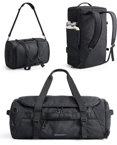 BAGSMART 4-in-1 Reisetasche Herren, 40L Sporttasche mit Schuhfach und Nassfach, Wasserabweisende Travel Duffle Bag mit Rucksack, Schwimmtasche Fitnesstasche für Reisen, Fitness, Sport Schwarz