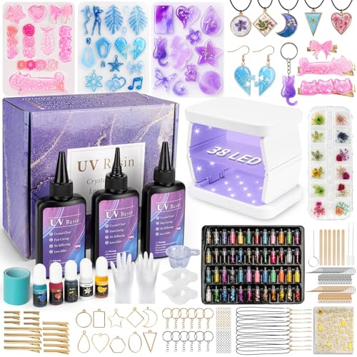 ZEROMX UV Resin Set mit UV Lampe, 415pcs UV Kleber mit Schmuck Selber Machen Set, UV Harz Set für Schlüsselanhänger, Schmuck uv harz