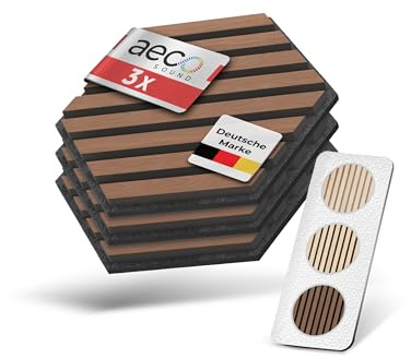 Aeco Sound® Akustikpaneele Holz - selbstklebend - Echtholz & Akustikfilz | 3 Stück - Hexagon Wandpaneele, Schalldämmung, Wandverkleidung - Eichenholz (dunkel) & extra dicker Akustikfilz (Schwarz)