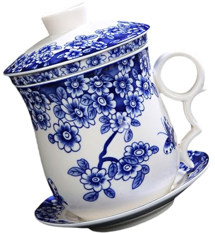 GALPADA Service à Thé en Céramique Bleu 4 Pièces avec Infuseur, Sous-tasse Antidérapante et Design Classique Chinois, Bureau Maison