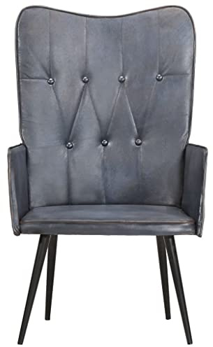 zylophax Öronfåtölj, grå, äkta läder med knappdesign, vadderad, 55 x 41 x 97 cm, pulverlackerade järnfötter, läsfåtölj och relaxfåtölj för vardagsrum och sovrum, andningsaktiv och hållbar