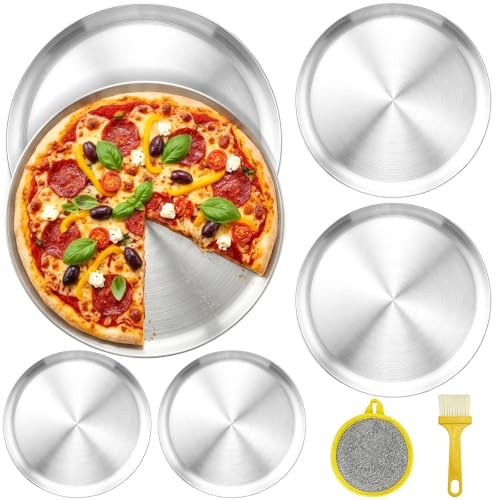 Mssushi 6 Pack Pizza Tray Stainless Steel 12in/30cm, 8in/20cm, 5.5in/14cm | 3 Sizes Pizza Baking Trays Round, Pizza Pan for Oven, Non Stick, Oil Brush, Dishcloth, Dishwasher, Serving, Kitchen