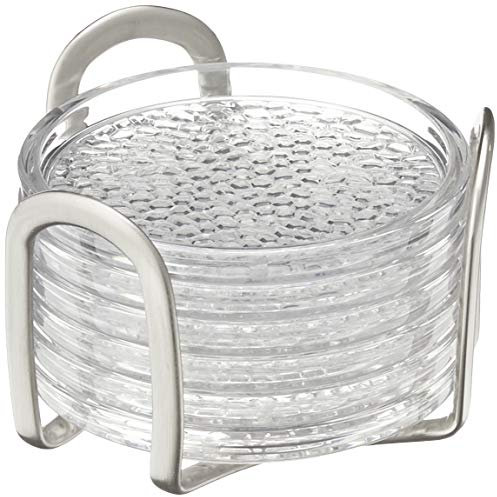 iDesign Rain Élégant Set de Sous Verre, dessous de Verre design Plastique Avec Support Acier Inoxydable, Lot de 6 Sous Verre, Transparent/Argenté