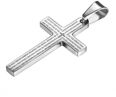Flongo Lords Prayer Cross Pendant Necklace: Silver Stainless Steel Necklace with 22 Inches Chain Cross Pendant Engraved Bible Necklace Religious Jewelry Gifts for Women Men