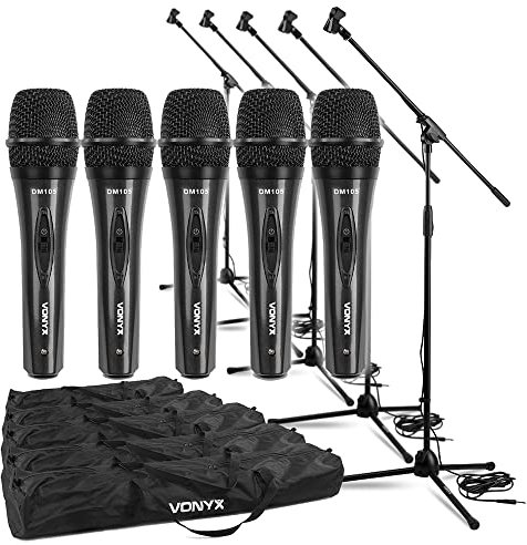 VONYX Complete Dynamic Microphone Set – Professional 5 Mic System for PA Stage Vocals & Karaoke with Adjustable Stands, XLR Cables & Carry Bags, Live Band & Performance Audio Kit