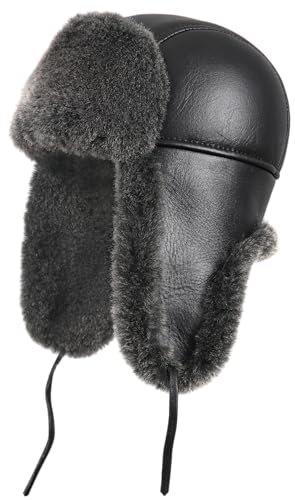 Zavelio Uni Shearling Sheepskin Leather Aviator Russische Ushanka Trapper Winter Pelz Hut, Schwarz , L