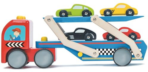 Le Toy Van - Wooden Race Car Transporter Toy Set - Includes 4 Wooden Toy Cars | Vehicle Kids Role Play Toys - Suitable for 3 Year Old +