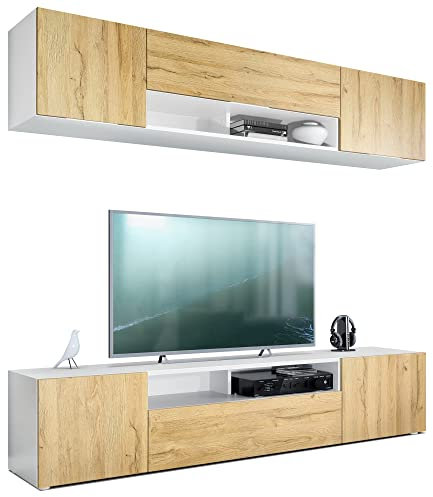 Vladon Wohnwand Mogan, Weiß matt/Eiche Natur - Moderne Anbauwand bestehend aus 2 TV-Boards (181 x 147 x 35 cm)