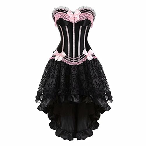 femme sexy corset overbust bustiers jupe tutu set Robe Rayures lingerie dentelle gothique deguisement Rose S
