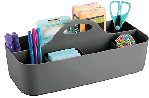 mDesign Schreibtisch Organizer mit Griffen – praktischer Büro Organizer mit 11 Fächern fürs Arbeitszimmer – Box für Büroorganisation für Stifte, Radiergummi und anderes Bürozubehör – dunkelgrau