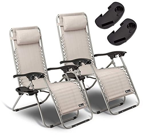 SUNMER Set of 2 Sun Lounger Garden Chairs With Cup And Phone Holder | Adjustable Headrest Pillow | Deck Folding Recliner Zero Gravity Outdoor Chair - Grey