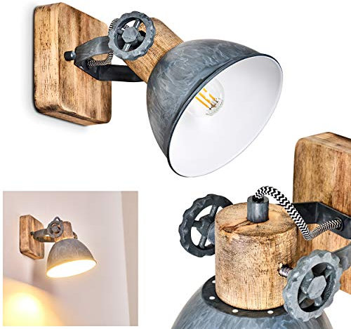 HOFSTEIN Wandleuchte Orny, Wandspot im Retro/Vintage Design, verstellbare Wandlampe aus Metall/Holz in Grau/Weiß/Braun, 1-flammig, 1 x E27-Fassung, ohne Leuchtmittel