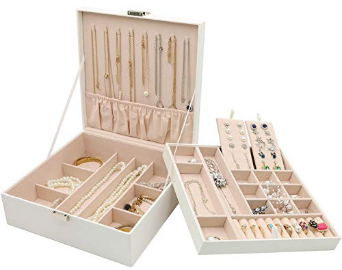 ProCase Schmuckschatulle Damen Leder, Schmuckkästchen mit 2 Ebenen Schmuckkasten Schmuckkoffer Schmuckaufbewahrung Schmuckbox Jewelry Box für Ringe, Ohrringe, Halsketten, Armbänder -Weiß