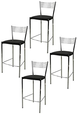 t m c s Tommychairs - Set 4 tabourets Elegance pour Cuisine, Bar et Salle à Manger, Robuste Structure en Acier chromé et Assise rembourrée et revêtue en Cuir Artificiel Couleur Noir