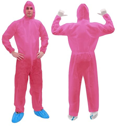 Disposable Dust Polypropylene PP Coverall with Hood, Elastic Cuffs Hazmat Suits for Spray Painting Industrial, Pink, XL