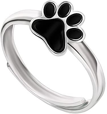 CLEVER SCHMUCK Mädchen Ring Hundepfote Tatze Hund schwarz lackiert glänzend 925 Sterling Silber universell einstellbare Größe für Kinder im Schmucketui