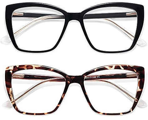 AMOMOMA Trendy TR90 Oversized Blue Light Reading Glasses Women,Stylish Square Cat Eye Glasses AM6031 C1+C6 1.5 x