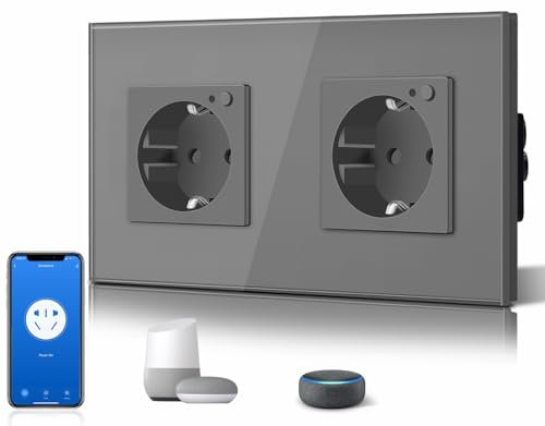BSEED Enchufe Schuko inteligente doble wifi, 16 A, cristal, 157 mm, instalación empotrable con giro libre para ajuste flexible, control por app, admite Alexa/Google Home, solo wifi 2,4 GHz, gris