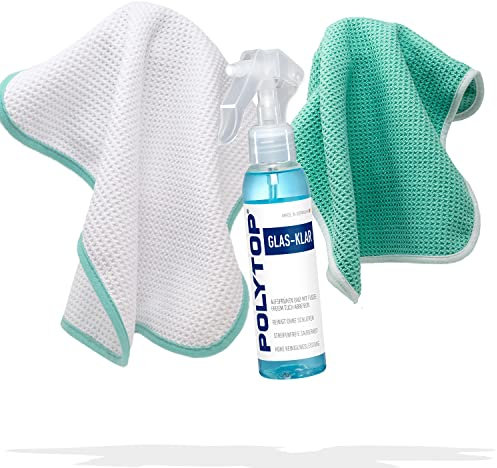 detailmate Auto Glasreinigungs Set - POLYTOP Glas-Klar 150 ml Glasreiniger mit Zwei Mikrofaser Waffeltüchern 450GSM 35x35cm - Scheiben Reinigungsset mit Mikrofasertüchern