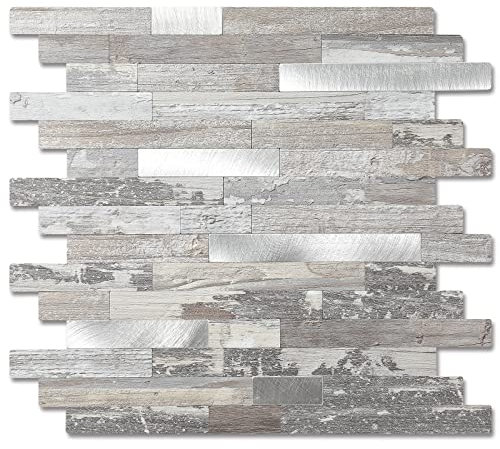 Yipscazo Peel and Stick Wood Metal Tile Backsplash, Stick on Tiles for Backsplash Kitchen, Bathroom, Laundry Room, Camper, Fireplace (12'' X 12'', 10 Sheets in Light Rustic)