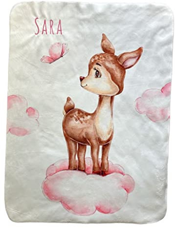 Wolimbo Duo Babydecke mit Namen - Motiv REH auf Wolke - Lammfell Optik - 75x100cm