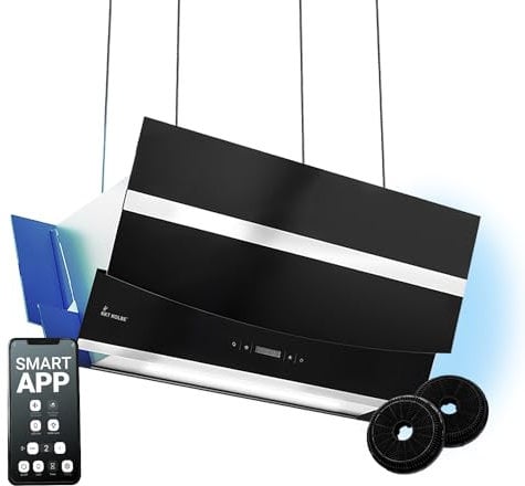 KKT KOLBE Dunstabzugshaube 90 cm | Kopffreie Inselhaube | Edelstahl | schwarzes Glas | WLAN | Nachlaufautomatik | RGBW-LED-Beleuchtung | SensorTouch Bedienung | HERMES-INSEL-908SM