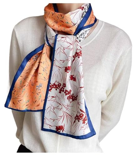 GIMIRO Satin Seidenschal Doppelschichten 150 x 16cm Krawatte Blumen Taillengürtel für Blazer, Mantel, Kleid (Orange Flower)