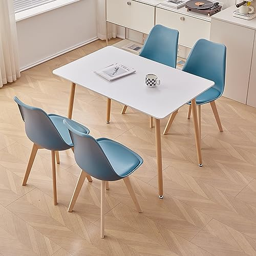 HJhomeheart Essgruppe mit Tisch und Stühlen, Rechteckiger Esstisch und 4 Skandinavische Küchenstühle, für Esszimmer, Küche, Wohnzimmer, Weiß + Blau